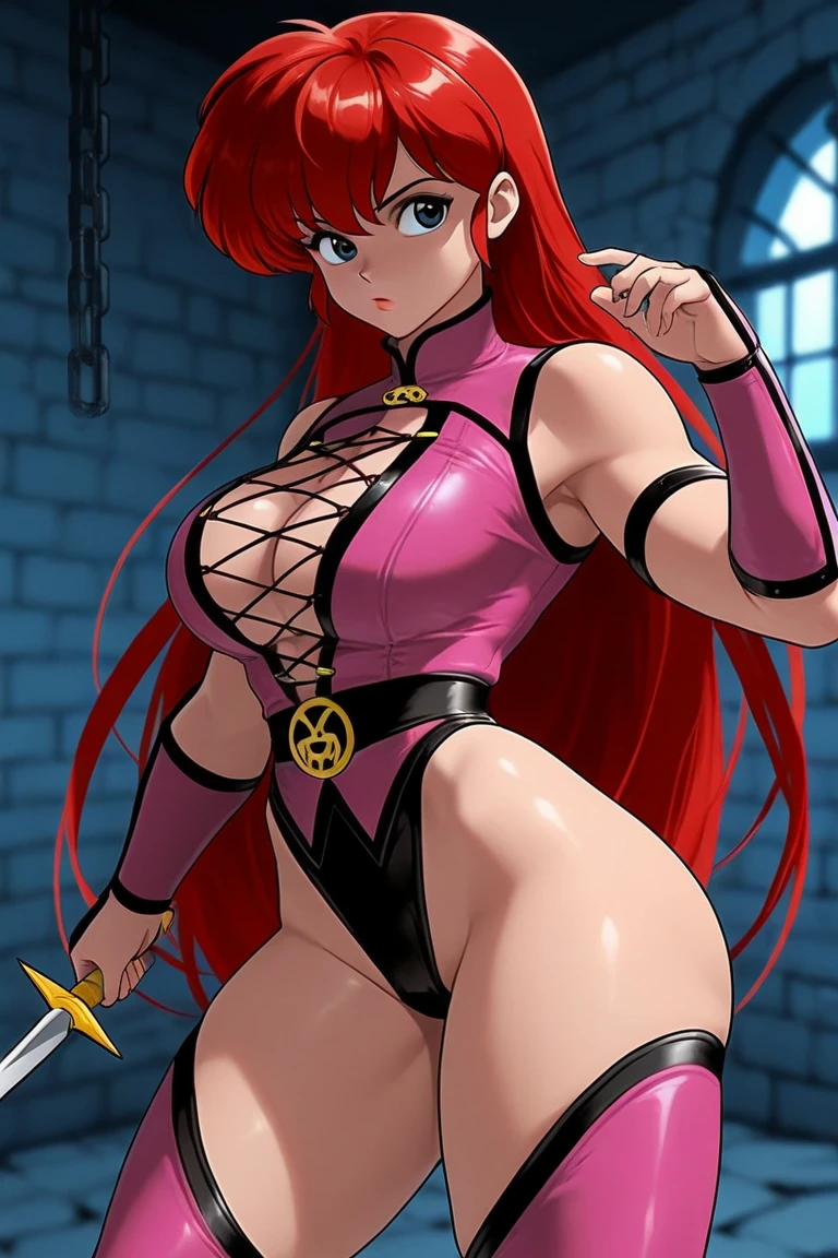 A beautiful woman with long, round hair and shoulder-length braids is standing blushing in an orange high-leg leotard that shows a little of her chest.。Emphasis on the crotch。
