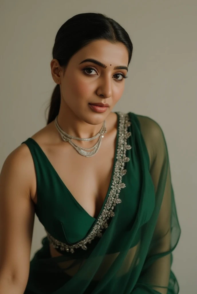 Samantha ruth prabhu,Create a photorealistic image of a middle-class Indian woman standing in a modest living room, wearing a traditional saree with her open pallu dropped (the loose end of the saree dropped) casually over one shoulder. (Expsoing cleavage and navel),The woman should exude a sense of grace and simplicity, with her hair neatly tied in a bun adorned with fresh jasmine flowers. Her expression should be serene yet confident, as she goes about her daily routine with quiet dignity. The room should be furnished modestly, with simple wooden furniture and decorative touches that reflect the warmth and homeliness of a typical middle-class Indian household