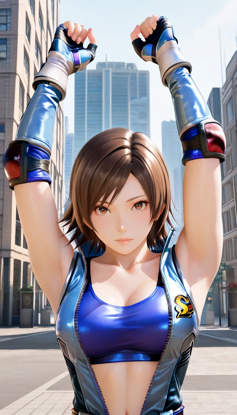 Masterpiece, top quality, official art, highly detailed CG Unity 8K wallpaper, like a schoolgirl, very delicate and beautiful, ultra high resolution, (photorealistic: 1.4), golden hour lighting, (upper body), (platinum shorthair: 0.8), (puffy eyes), looking at the viewer, facing the front, smiling, shirt lift long black hair, (dent on the skin), black eyes(female), 1 person, 25 years old, ((female))), solo, realistic, top quality, photorealistic, masterpiece, 8K, high resolution, solo, highly detailed face, (professional lighting, bokeh), (light particles, lens flares, glowing particles: 0.6), (dynamic pose: 1.2), soft lighting, angle view from below, fashionable and trendy atmosphere, Japan, street, Tokyo, City, ((Daytime)), Sky, Wire Cable, (Portrait: 0.6), Cowboy Shot, Gorgeous, Maintain Original Facial Proportions, Wide Shoulders, Full Body, (Large Breasts), (Medium Hair), Brown Hair, Floating Hair, Lips, Lipstick, Seductive Smile, Floating Hair, Smile, Open Mouth, Teeth, Eyelashes, (((Asuka Kazama,M Legs)))