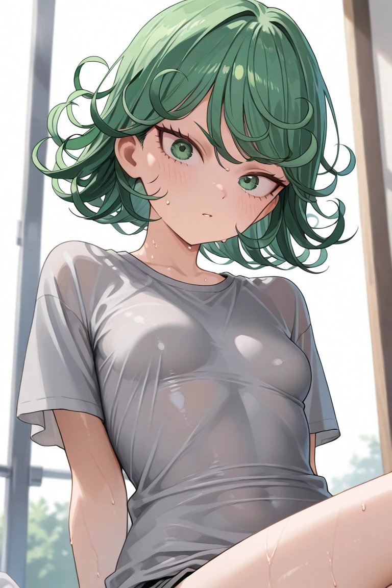1girl in, Solo, Solo Focus, Cowboy Shot, Portrait,, bobhair,Half Aqua, Half Green, ((Brown hair)), (Yellow hair), (Gradient Hair :1.5), Curly hair, ((Pink eyes)), Ultra-detailed細な目, asa, (Caramel Black Skin:1.1), (Small TI quality, Ultra-detailed, university shower room,toppless,Show the armpits,hide the chest with your hands,Take a shower naked,crouching down