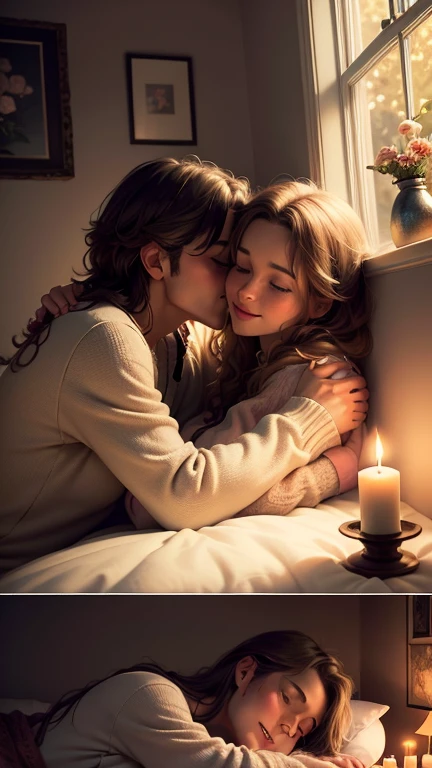A cozy love nest ,Romantic details,intimate atmosphere, Soft Lighting ,Candlelight Dinner ,floral decorations,Warm colors,Soft Textures, with a portrait of a couple lovers ,A gentle kiss,Whispered words of love,Peaceful Atmosphere,Heart shaped decoration, soft jazz music to create a relaxed mood ,Carefully arranged pillows, nice music in the background , lovers snuggling up under a cozy blanket ,Intertwining Hands ,Shared laughter, passionate hug ,meaningful conversation, A romantic evening view ,love letters scattered on the table,A flickering fireplace,Sparkling Champagne, thoughtful surprise , Admire the beautiful scenery,intimate dinner for two,love letters hidden around the room,scented candles that fill the air, soft morning light flowing through the window ,Beautifully arranged roses,Breakfast in bed,soft morning light flowing through the window, romantic artwork hanging on the wall ,shared dreams and hopes. (best quality,4K,8k,high resolution,masterpiece:1.2),ultra detail,(realistic,photorealistic,photo-realistic:1.37),gentle color, painting style,romantic atmosphere,Warm and Cozy Atmosphere.