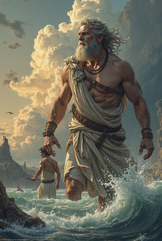 In ancient Greek mythology, Cronos is shown hurling the remains of Uranus into the ocean, a muscular man with a stern expression, powerful and god-like, ancient Greece, dressed in tattered robes, in the middle of the turbulent sea, Cronos lifts a broken, celestial figure, the scene captures the moment of impact with the water, hyper-realistic, photo realism, cinematography -- ar 9:16