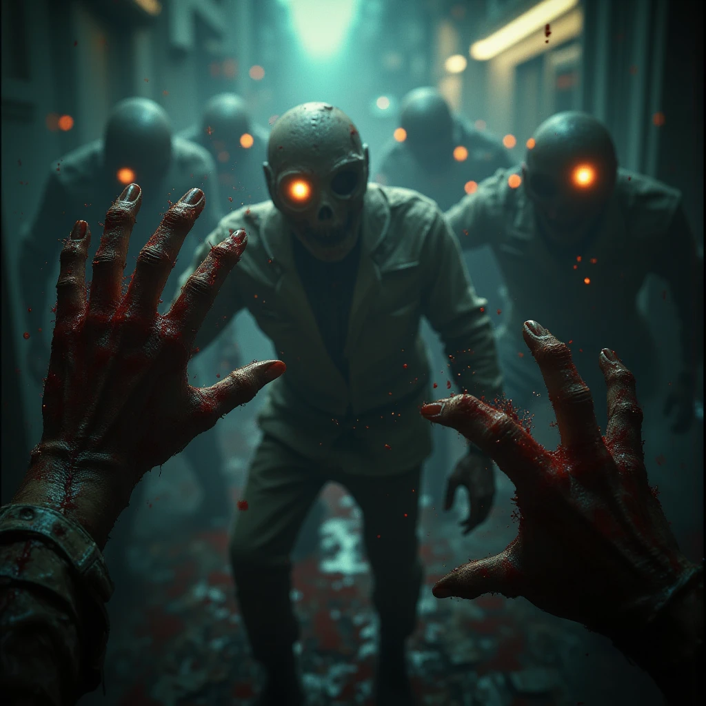 Practical ,写实photo, best quality, High resolution, portrait, photo_dark, Sewer background, Dirty atmosphere, Garbage pile on the ground, stench, Sewage, 9 A group of zombies roaming here),Rotten monster close up,Depth of Field,Camera UI interface,(Thriller),Doomsday atmosphere