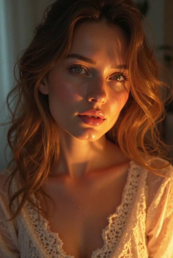 a beautiful girl with dark auburn hair, c-cup cleavage, kneeling, pov from above, close-up, dimples, freckles, blushing, wearing a low cut t-shirt and yoga pants, in a dark room, (best quality,4k,8k,highres,masterpiece:1.2),ultra-detailed,(realistic,photorealistic,photo-realistic:1.37),romantic, short hair, bangs