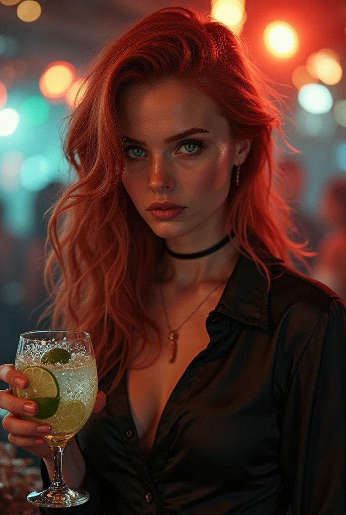 (full body shot:1.7) photorealistic image of a (sitting pose:1.3) woman, ultra realistic, photography, long red hair, girl, 24 years old, hourglass figure, perfect body, natural medium breasts, A hyper realistic image, with richness in details, with blue and purple bright colors in the cyberpunk style, of a 21 year old woman having a drink, with a very sensual and attractive expression, your hands are perfect and detailed, your hair very well detailed, you can see many men standing around at her table, she loves the attention and teasing them, hot body, realistic, detailed, smooth, sharp focus , realistic, highly detailed, sharp focus, nsfw.