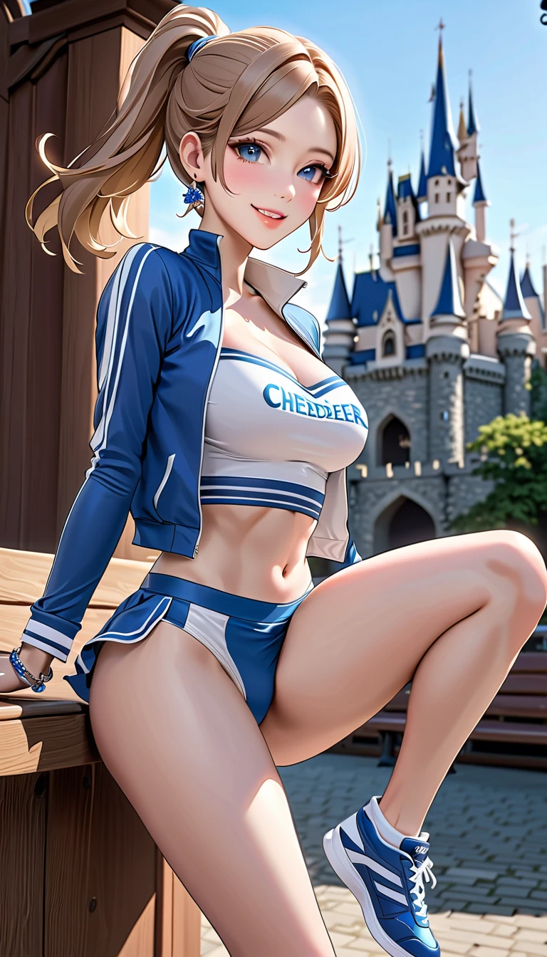 8K, Ultra HD, super details, high quality, high resolution. The heroine, Nami, looks beautiful in a full-length photo, her body is sculptural, her short orange hair is beautiful, in perfect combination with her white skin, her bright brown eyes mesmerize everyone. Nami is known for her attractive and sexy outfits, she is wearing a white top with blue details, a brown mini skirt and black boots. She is very sexy, drawing attention to her big breasts and thick legs. She is sailing on her pirate ship.