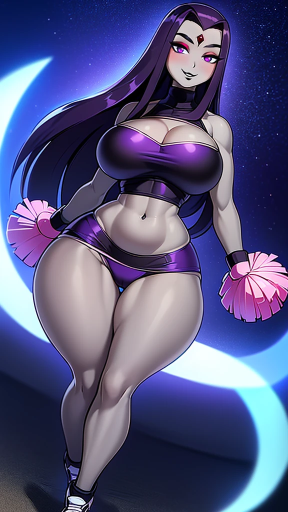 image of a 5'9ft tall woman, with dark black hair tied in a updo, pale skin and golden yellow eyes. wearing a silk violet tank top with a bra underneath her tank top, black pants and black heels. she has an athletic voluptuous body and has a small breast size. she has purple lipstick, purple painted fingernails. she has a seductive smile