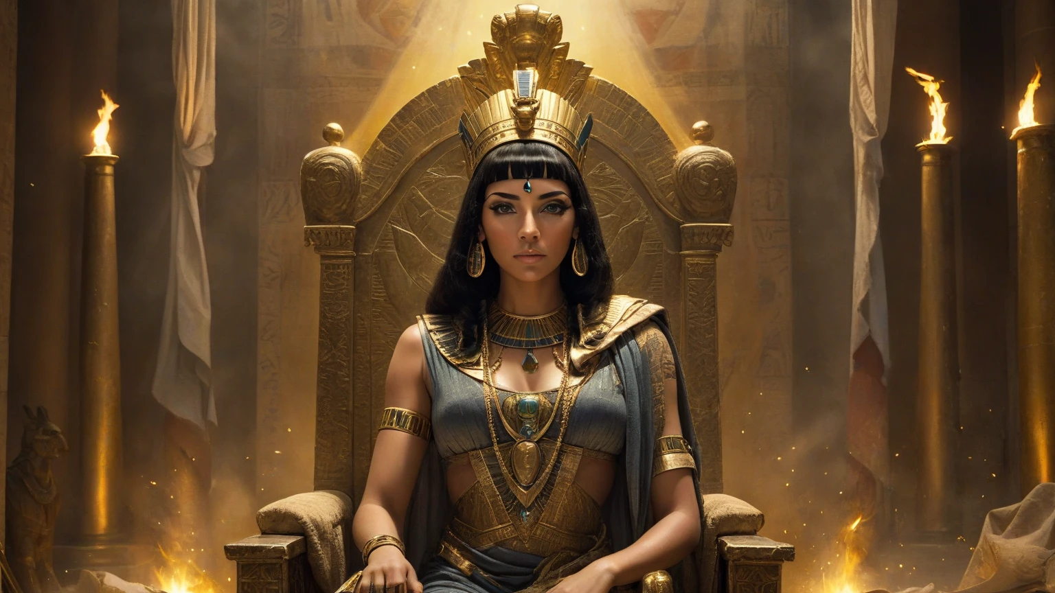 Renaissance painting of Cleopatra sitting on a throne, her gaze is seductive and alluring, her position seductive, perfect beauty, she looks like a goddess, the only focus of the image is her, she is facing the viewer, Renaissance painting.