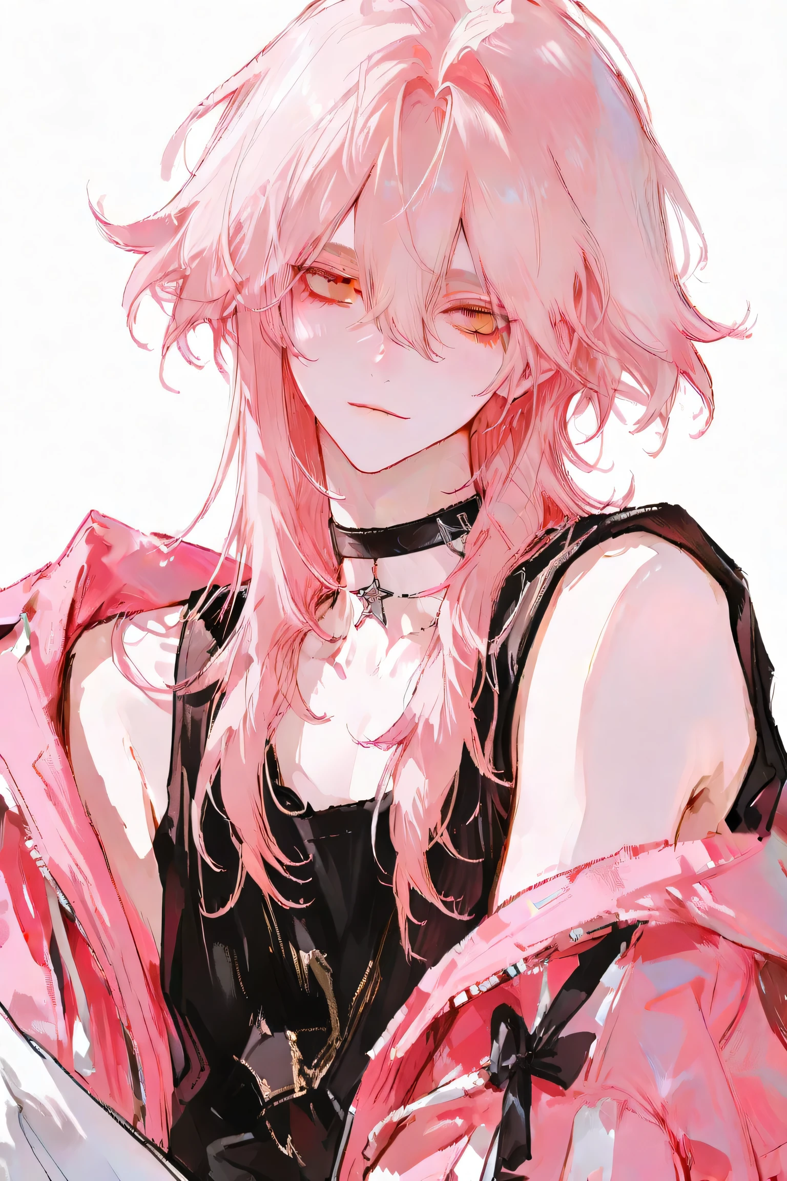 uper detail, masterpiece , best quality , high resolution , 8k , correct ultra high anatomy, 1 boy, solo, light pink hair, long shaggy hair, amber eyes, cute, white man, bishounen, oversized black and pink jacket, Black sleeveless, black choker, otokonoko