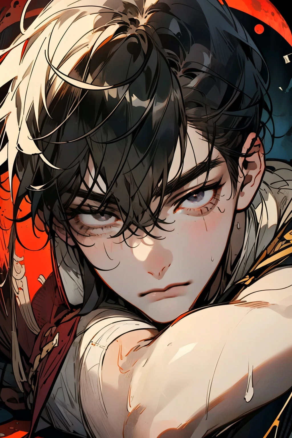 1 male, active , Lie down pose, black hair,Disheveled posture,matted hair, Shiny black eyes close-up from floor to top, Illustration of a bowing body, dark night, on a tall building, red moon, short jumper, Long sneakers , Detailed face Clear face Clear eyes Delicate face. Clear. 4k