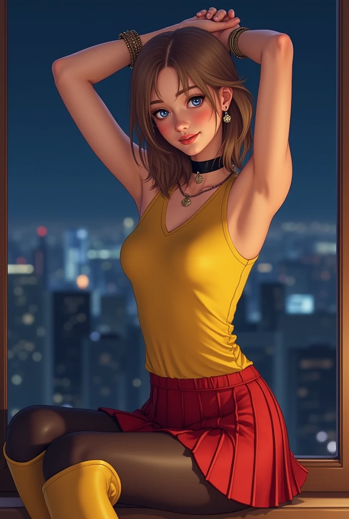 (obra maestra: 1.3), (8k, fotorrealista, foto RAW, mejor calidad: 1.4), (1girl), Hermosa chica adolescente , chica europea , 15 years , brown light hair ,cabello largo: 1.pony tail, ojos azules , hermosos ojos detallados, (piel realista), piel hermosa , pecas en mejillas y nariz , ultra-high-resolution, detallado, cuerpo delgado , viste camisa blanca con una flor en el pecho , Yellow skirt with plaid pictures , calcetas blancas , mocasines color cafe , maquillaje, labios rojos