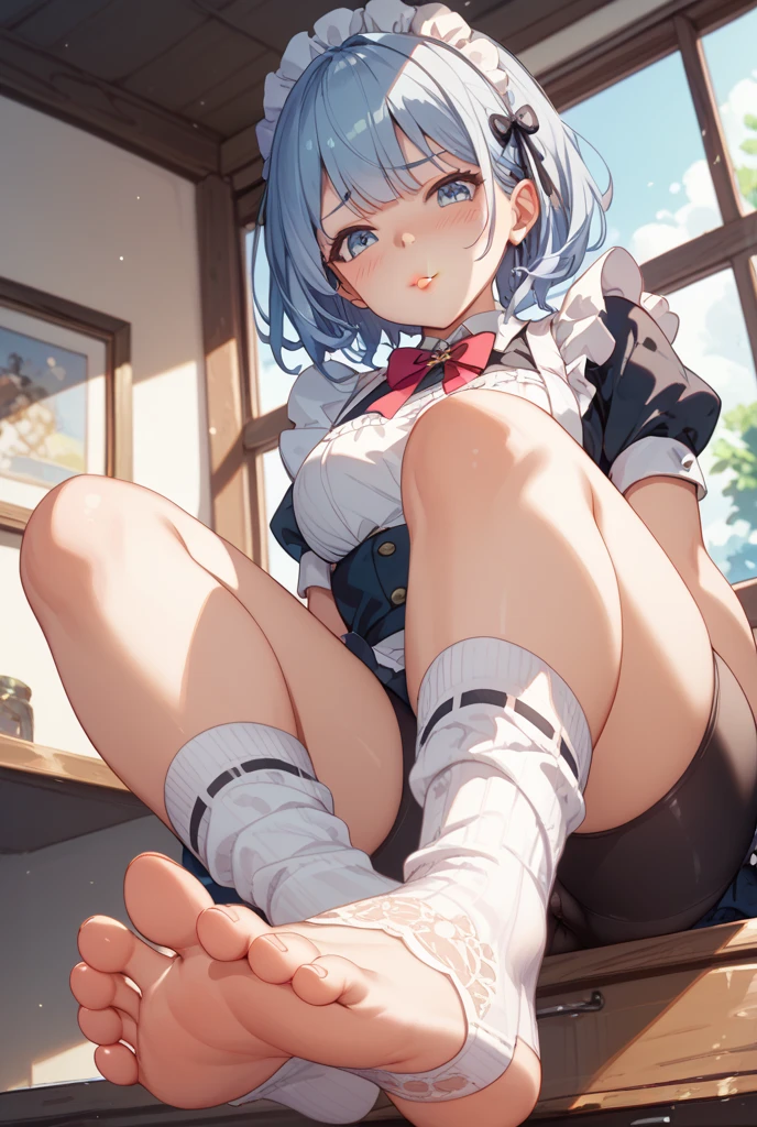 from below,beautiful girl,Anime Face,high school girl,Gray Hair,ponytail,anime colored,embarrassed,dark blue socks,steam,(low quality,worst quality:1.4),extra limbs,missing limb,extra digit,fewer digit,missing digit,missing finger,fused fingers,mutated hands and fingers,Large soles,1girl,soles focus,knees up,