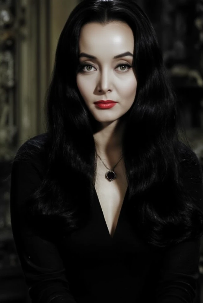 morticia adams (sharp focus:1.2), photo, attractive young woman, (beautiful face:1.1), detailed eyes, luscious lips, (eye makeup:0.85), (medium breasts:1.0), (tight body:1.2), (short hair:1.2), wearing (little black tdress:1.2) at a (gala:1.2). (moody lighting:1.2), depth of field, bokeh, 4K, HDR. by (James C. Christensen:1.2|Jeremy Lipking:1.1).