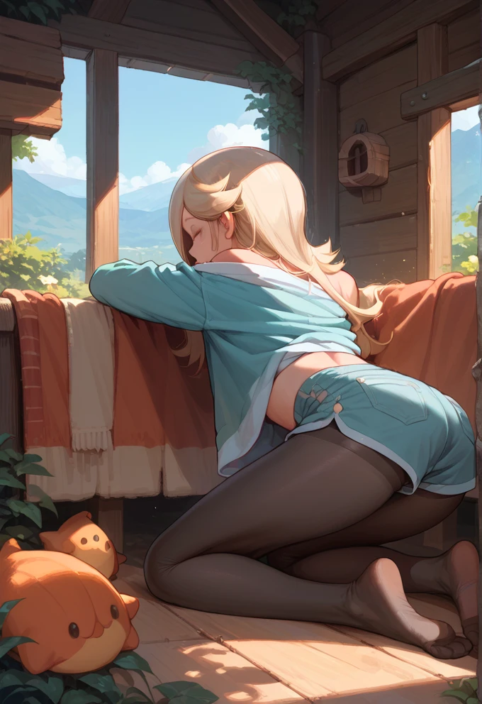Freezing, One girl, Gray Hair, On the grass, lie, Huge Ass, Black Pantyhose, On all fours,Panties, Two ponytails,Frielen