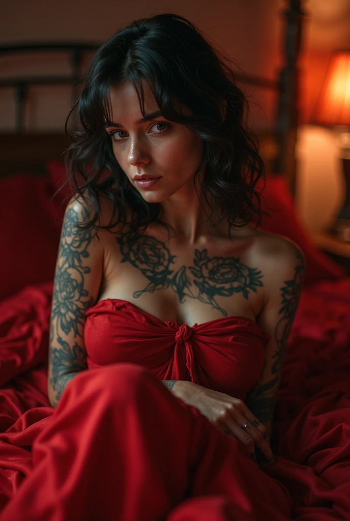 a pretty young brunette woman, short red hair, black eyes, many tattoos on the body ). She is lying down, her hands tied to the bed., a red tape covering his mouth. in a room, with neon red, 8K resolution