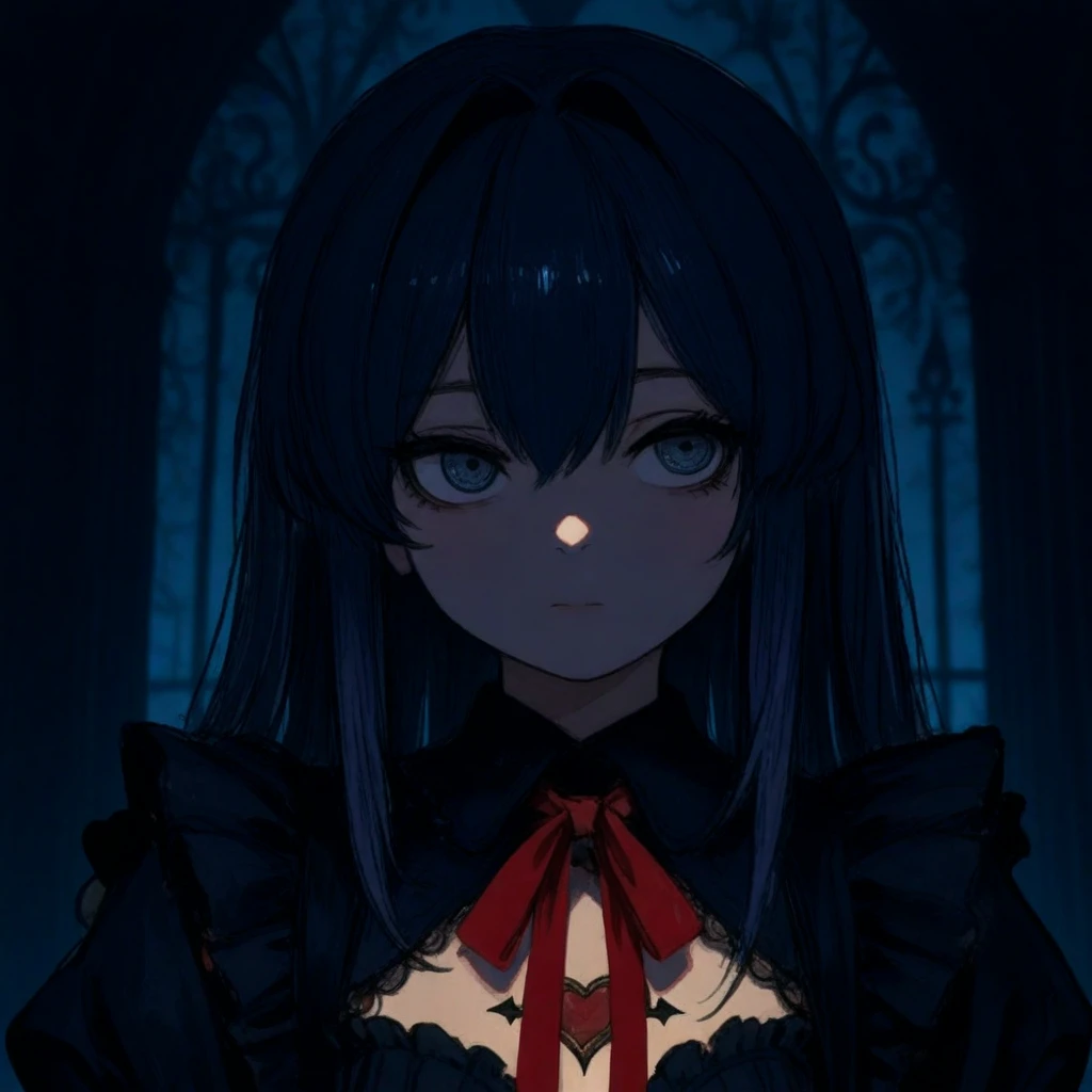 A dark skinned anime character, short straight hair, braids on the sides, elegant, horns, tired face and eye shadow With chain 