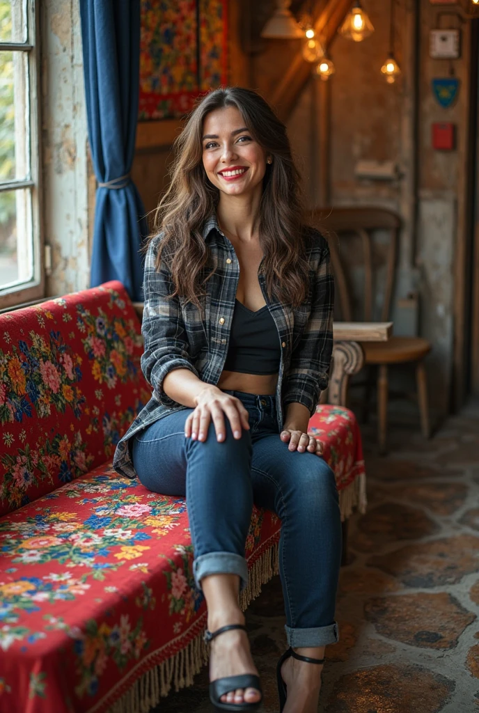 A woman with short curly hair, wearing a teal top and denim shorts, sitting in a cozy, rustic cabin with a fireplace and wooden furniture.