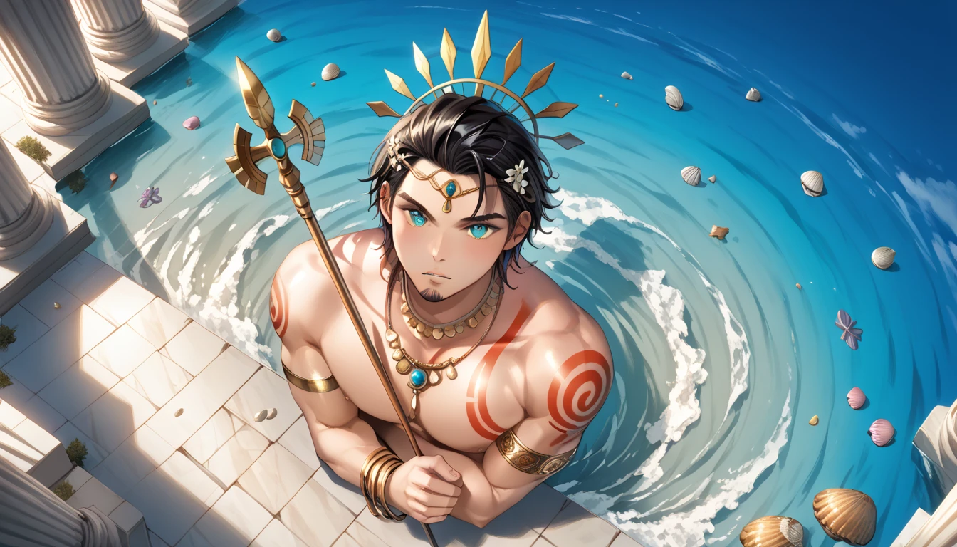 In the kingdom of the deep sea, surrounded by several waves that emit fiery halos, dramatic lights from distant stars and planets illuminate the scene, surrounded by many sea creatures, Poseidon, a proud young man sitting on a throne made of coral, pale, with a huge soul behind him, controlling the waves of the ocean, wearing a cape, dark blue hair, short hair, nudity, shell necklaces, swimsuits, no clothes, sleepy looks, holding spear weapons, vast background, deep sea, whirlpool, Scepter in hand, scars, expressions of contempt, bare feet, legs open, crown, sea god halberd