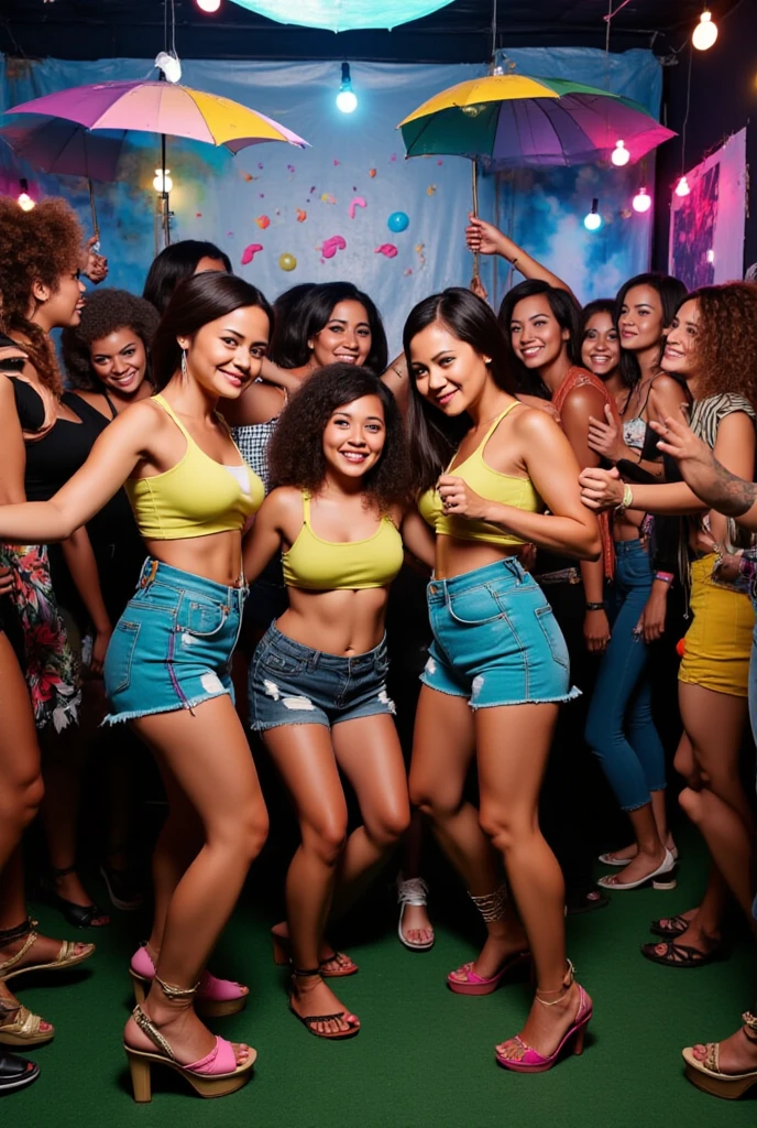 7 girls, partying, Kavos, Corfu, 2 blonde, 5 brunette, sexy summer dresses, beach , beautiful jewelry, happy vibes, evening atmosphere, colorful clothes, perfect bodies, perfect pose, perfect smile, perfect hair, Kavos nightclub background blurred, perfect definition, perfect lighting l, perfect hands, perfect legs, perfect hair, joyful smile, night time
