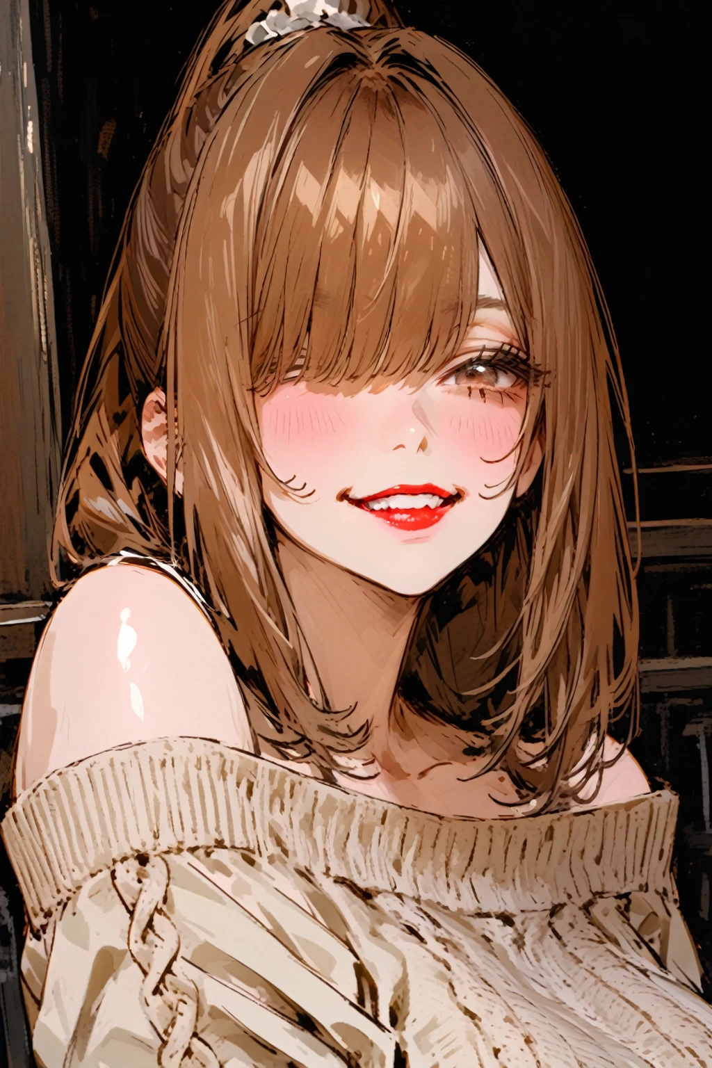 Anatomically correct, Top quality, (background detail), Looking down, Slipping, High contrast, Superb girl, Original detailed illustration, Sensual, Delicate face, Charming, Bad girl, Sexy, Looking at camera, Real breasts, Crazy smile, Crazy eyes, Condescending glance, Pale, Bloody, Dark hair, Yandere, mined depiction: ta, beautiful line drawing, beautiful line drawing of foot stomping, perspective of viewpoint of person being foot stomped