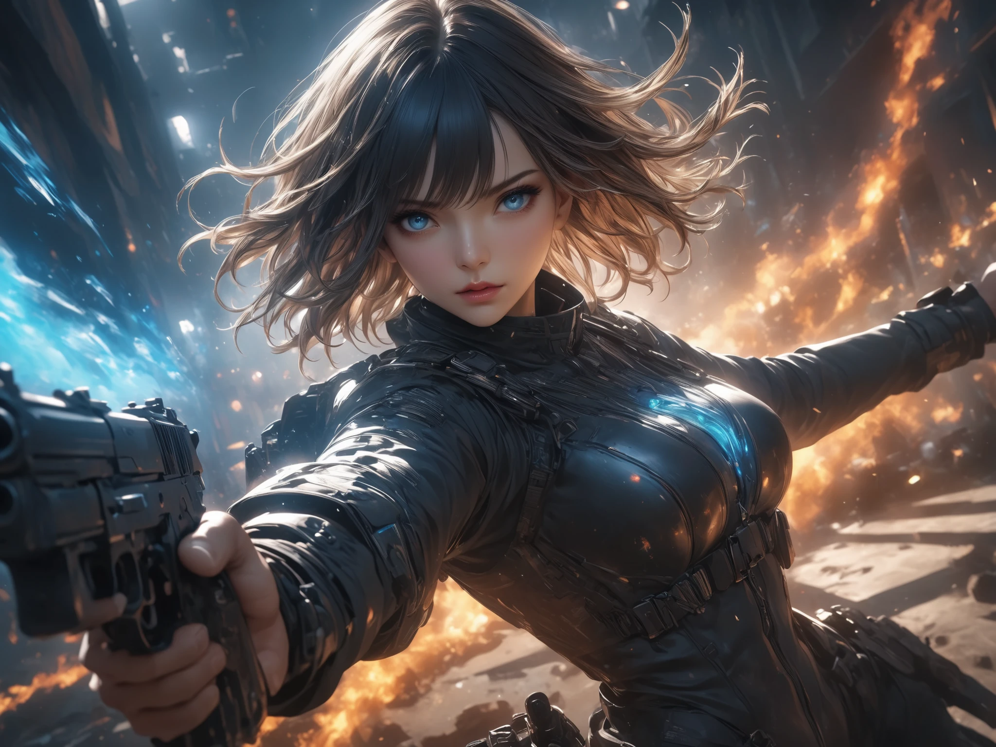 anime style, cinematic angle, black short-haired intelligent woman\persuit style\), cold eyes,icy emotionless expression, shooting directly at the viewer with two handguns, muzzle flash and flying bullet shells, strong rim lighting,epic light, dramatic shadow contrast, cool color tones, dark leather tactical suit, violent intensity, dynamic pose, dutch angle,mid-shot, realistic hands and detailed gun design, tension in the air, no smile,Intricate Artwork , detailed illustration,Hand-drawn sketch,8k,HDR,(masterpiece,best quality)