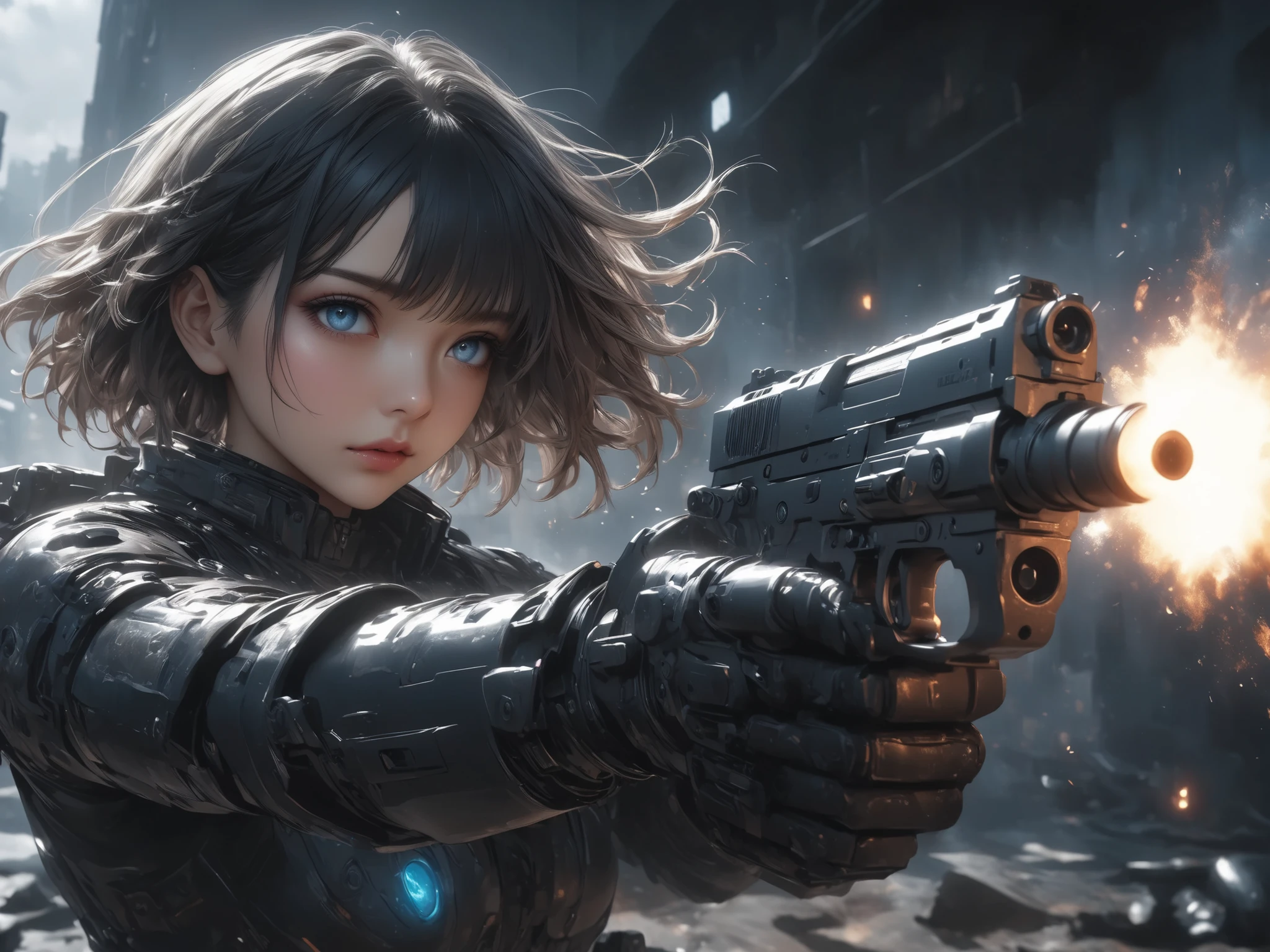 anime style, cinematic angle, black short-haired intelligent woman\persuit style\), cold eyes,icy emotionless expression, shooting directly at the viewer with two handguns, muzzle flash and flying bullet shells, strong rim lighting,epic light, dramatic shadow contrast, cool color tones, dark leather tactical suit, violent intensity, dynamic pose, dutch angle,mid-shot, realistic hands and detailed gun design, tension in the air, no smile,Intricate Artwork , detailed illustration,Hand-drawn sketch,8k,HDR,(masterpiece,best quality)
