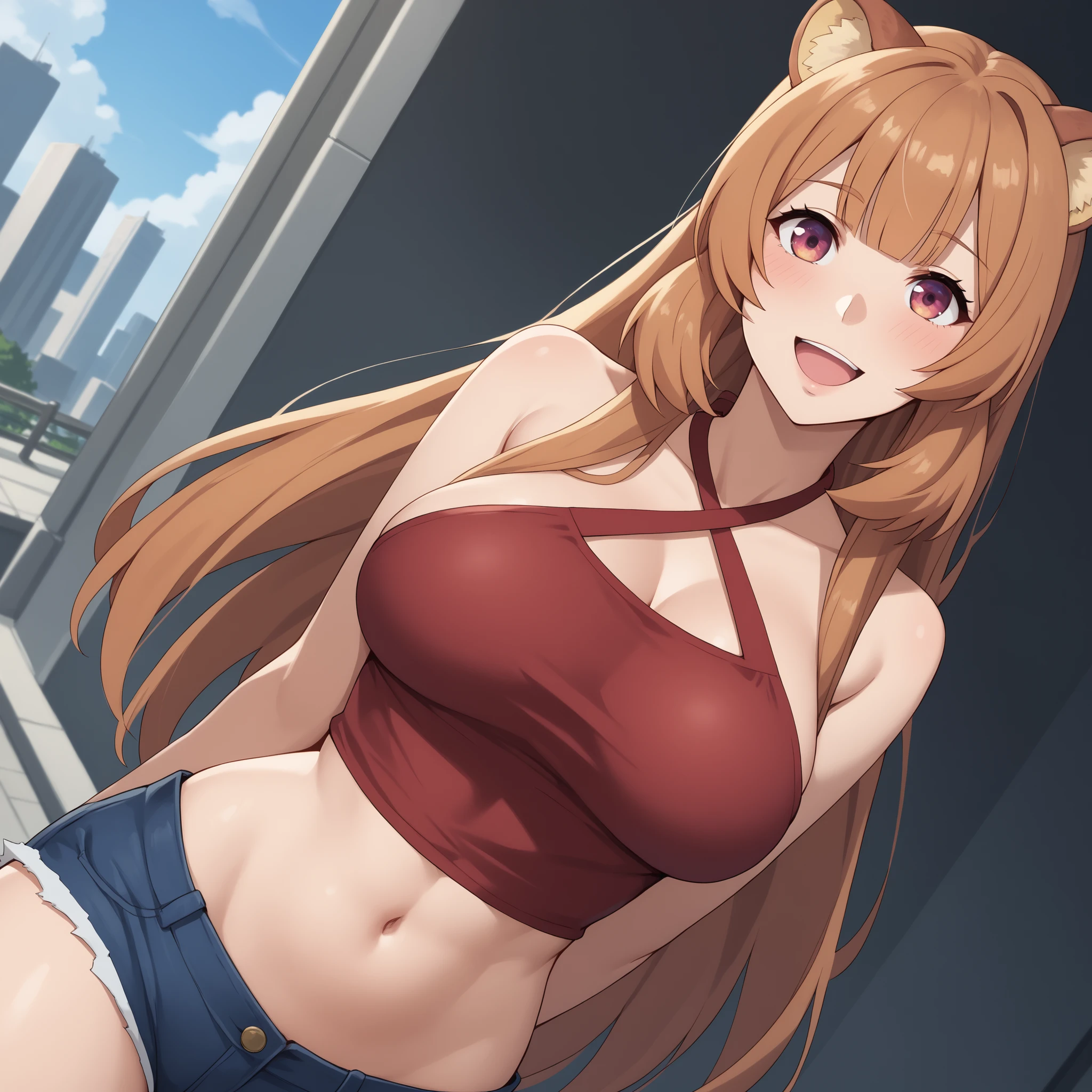 raphtalia, bright orange hair, animal ears, ojos rojos. magenta halter backless shirt with slits on the front , short ripped jeans , watching the viewer, arms behind the back, head tilt, open mouth, blush, smile, Dutch angle, out, bridge, city in the background, (beautiful, big breasts:1.2), natural breasts,