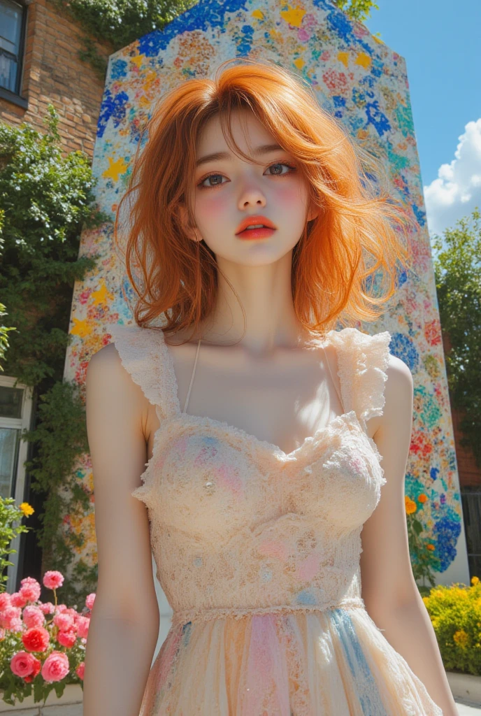 (embarrassed), red hair, orange hair, WeriArt Style, 1girl, blush, upper body, highly detailed eyes, hires, collarbone, frilled dress, open mouth