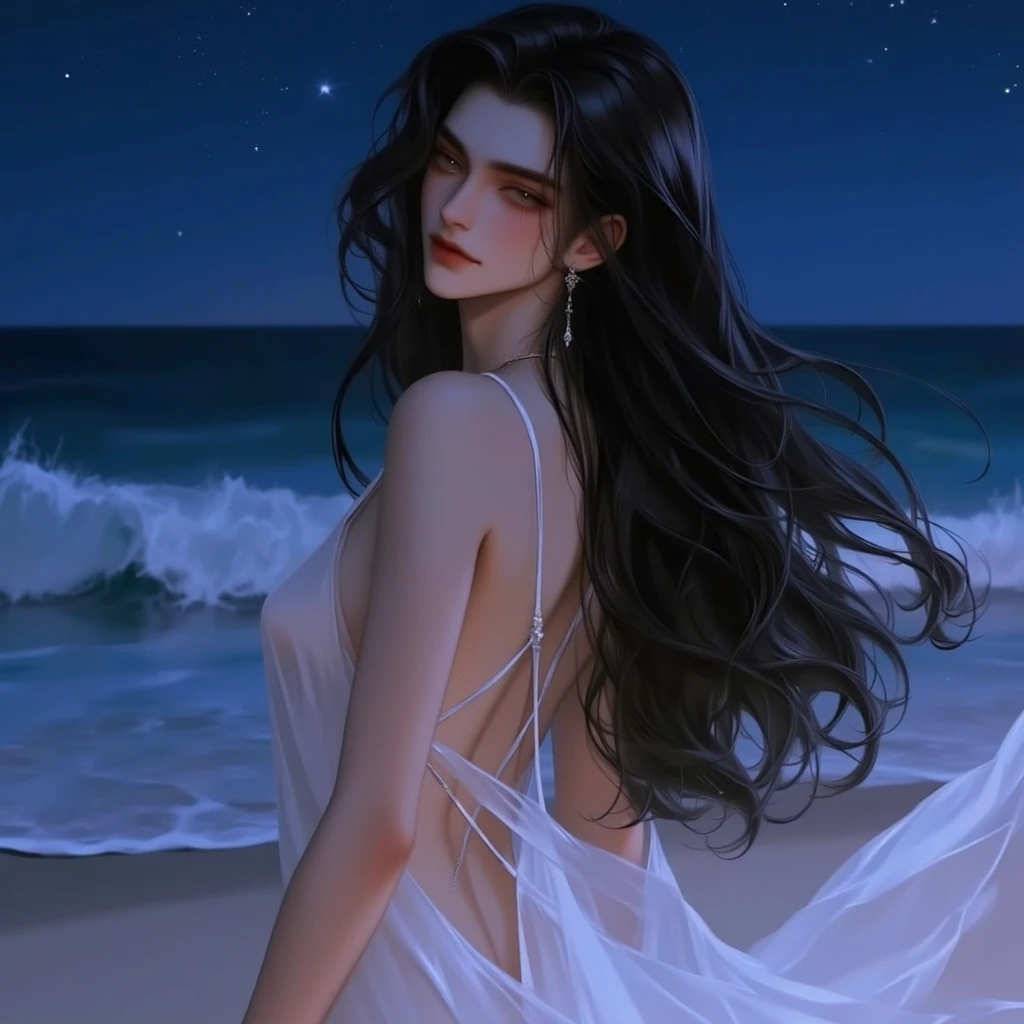 (an)indian girl holding kerosene lam,black clothes,beach on sea,night sky full moon,wolves howling,(hot,seductive),(best quality,4k,8k,highres,masterpiece:1.2),ultra-detailed,(realistic,photorealistic,photo-realistic:1.37),vivid colors,portrait,lit by moonlight