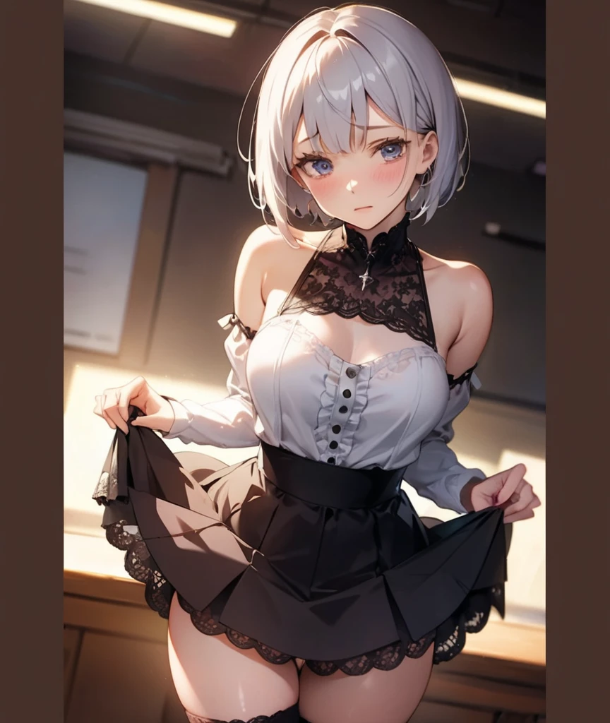 ((Highest quality)), ((masterpiece)), (detailed), One person,25 years old,(Black shirt),(mini skirt),student,student服,high school girl,Shoulder Bare,Big Breasts,blush,Underboob,(I can see her cleavage),(Excited expression),(Seduce),night,indoor,Dim lighting,(In a dimly lit room),(In a messy room),Browsing Caution,sexy,Dirty,Sweat