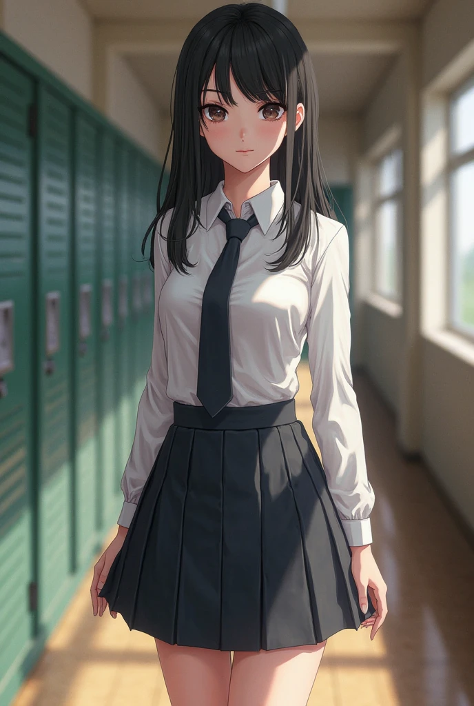 Naughty junior high school girls、Black Haired Beautiful Girl、Short-sleeved uniform、White blouse、Lightweight blouse、A little sheer、Collarbone in full view、Navy Skirt、Sexy thighs、Inner thighs、Clear body lines、Arms behind back、School、Midsummer、Hot classroom