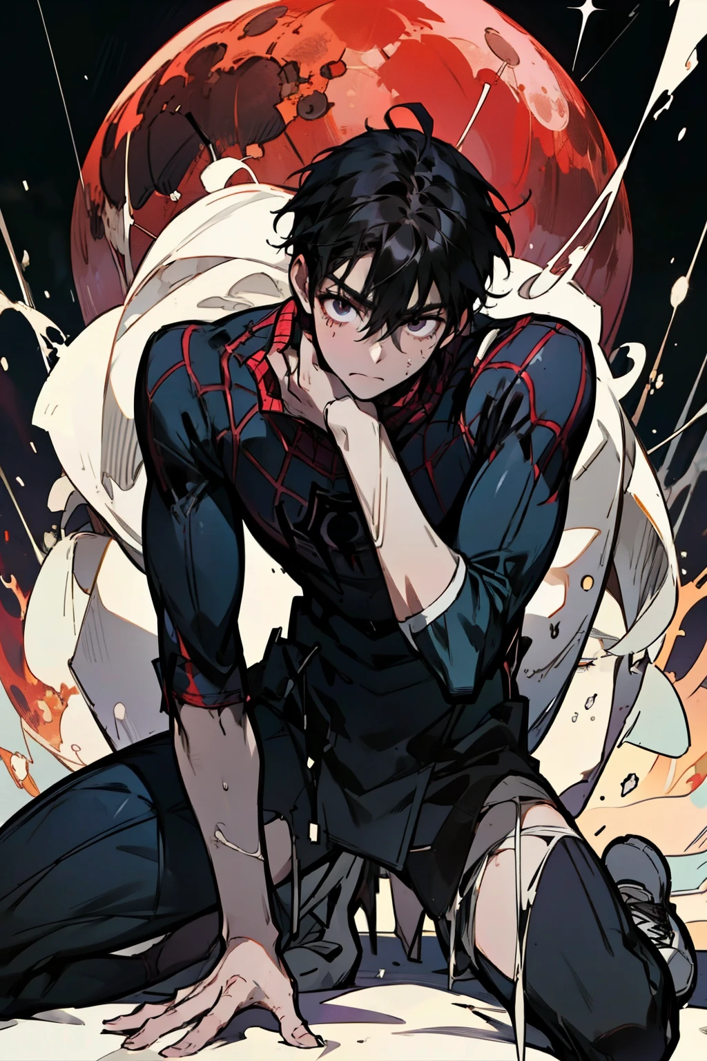 1 male,   active  , Spider-Man pose, black hair,Disheveled posture,matted hair, Shiny black eyes close-up from floor to top, Illustration of a bowing body, dark night, on a tall building, red moon, short jumper, Long sneakers , 
