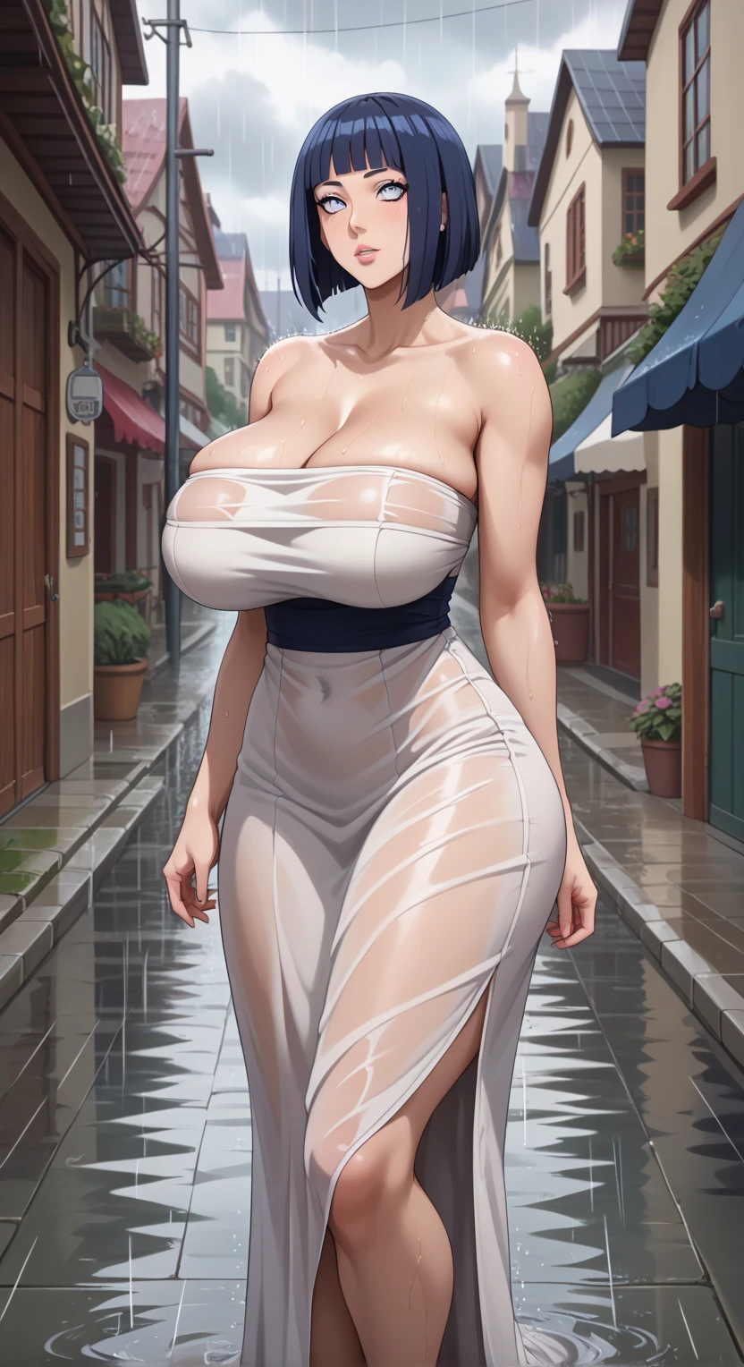 An excited girl waiting for the bus stop sitting with her legs wide open wearing a very tight and very transparent dress, naked showing her big breasts and tits and showing her vagina and arms behind her back.