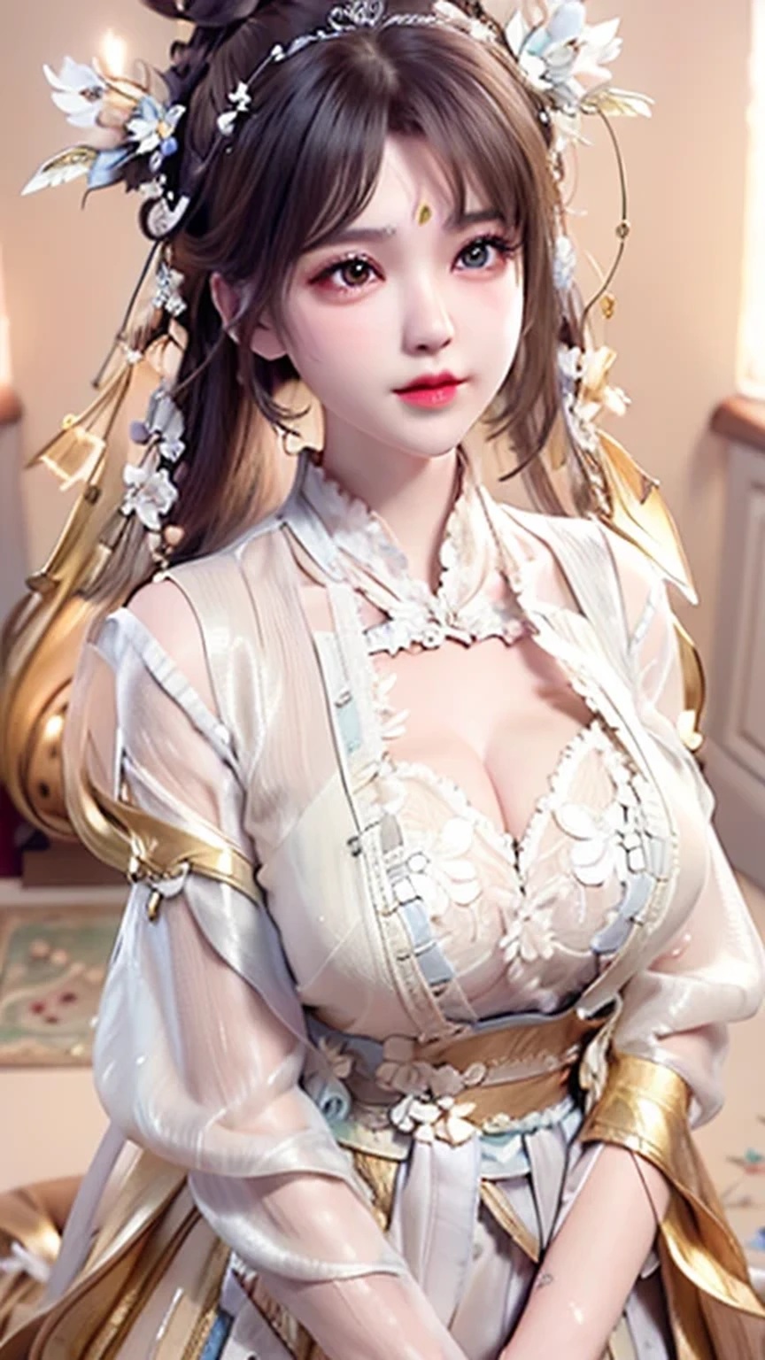 1 sister, (slender figure), very cute, ((Extremely detailed beautiful face)), (Open chest lace clothing:1.1), (Beautiful breasts and exquisite CG unified 8k wallpaper, Very detailed, High resolution RAW color photos, Professional photography, Realistic portrait, celebrity, cosmetic, sitting, will be doubled, (hood:1.5), indoor, ((Golden Noble Room, shiny, gold interior, gold and silver treasure painting, (dazzling light), Strange, unrealistic, depth of field