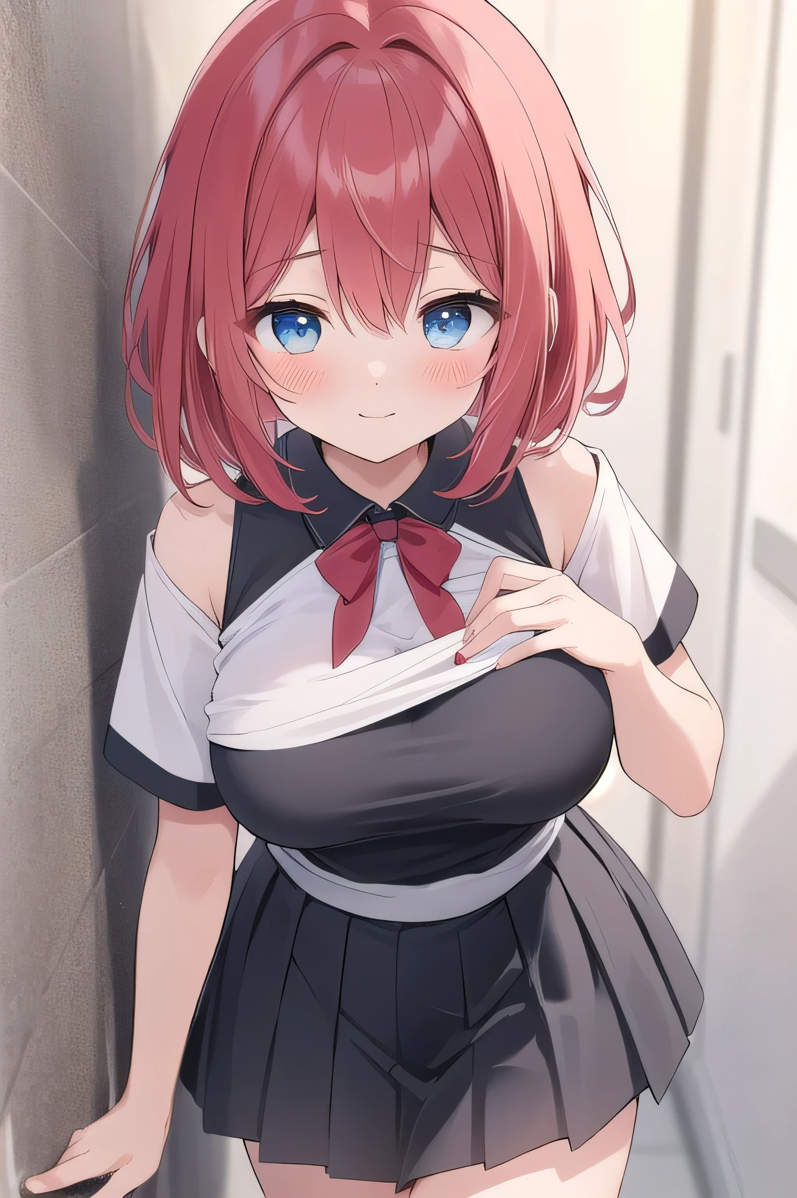(masterpiece), best quality, emotionless eyes, perfect face, 1girl, solo, bob cut, red hair BREAK short hair, blue eyes BREAK :o, freckles, cleavage, breasts, red shirt BREAK orange skirt BREAK sneakers, standing, white background, simple background