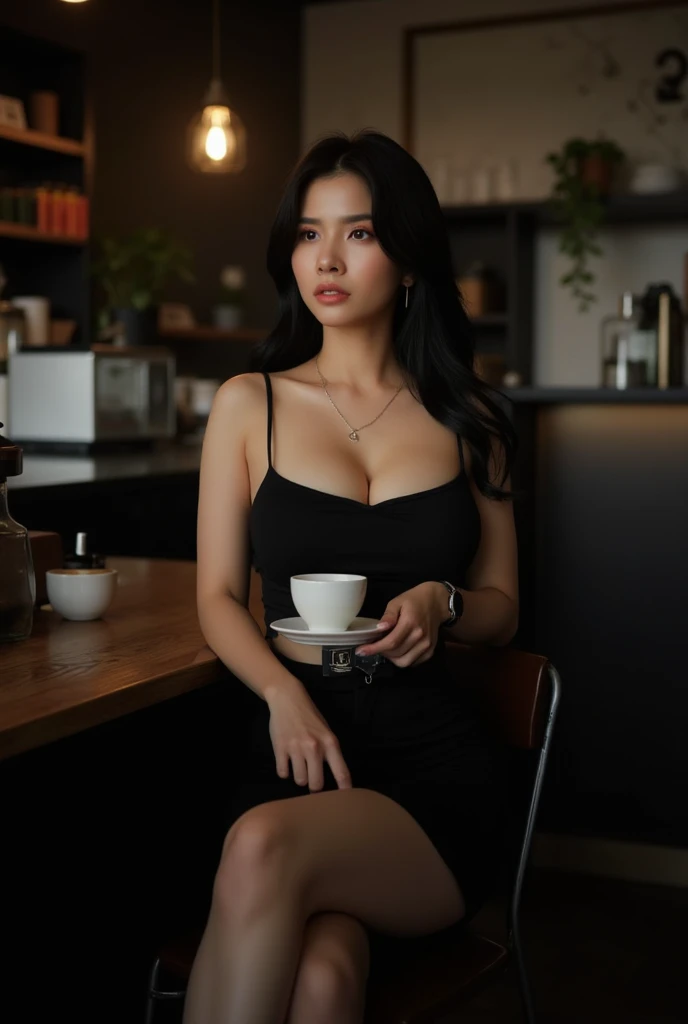 Young and beautiful woman、Black dress、drink tea、Big Boobs