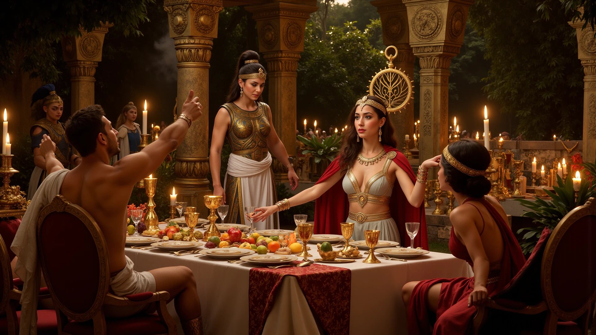 fullbody, painted of full body of four peoples, foot on ground, a standing greek handsome man give an apple to a naked woman with flower, a woman with shield, a woman stand front of a Peacock, masculine, mature, muscular, hairy torso, fantasy, intricate, elegant, highly detailed, digital painting, artstation, concept art, smooth, sharp focus, illustration, art by gaston bussiere and alphonse mucha, looking each other.