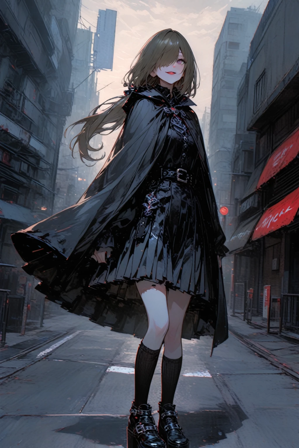 (curvilinear), {high ponytail}, Dark Brown Hair, One Eye Concealed, lipstick, best smile, Black Berets, black gothic style clothing with cape and pleated skirt, knee socks, platform shoes with decorative buckles on one leg, stands on one leg、with arms extended gracefully, looking up, urban cityscape setting, Soft Cloudy Lights, playful and stylish atmosphere, sidemap, Moderate depth of field, clear focus on subject.