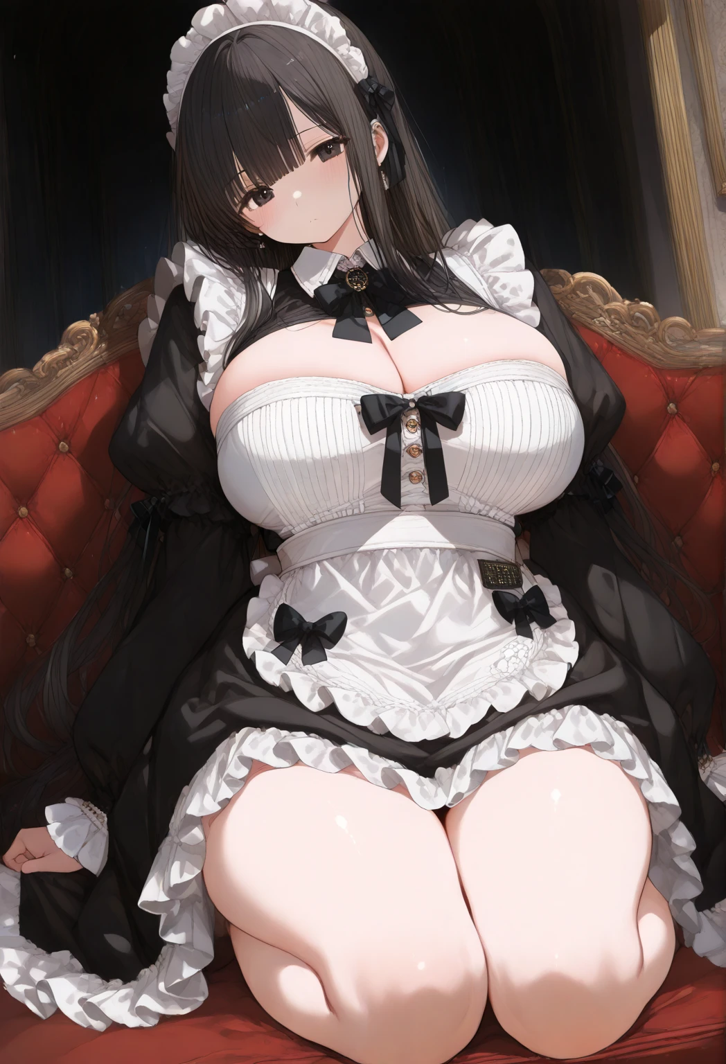 nsfw,(adult woman),(tall),(1 man and 1 woman are having sex:1.5),(red eyes:1.2),{(grey hair:1.2),(low-tied very long hair:1.4),(messy hair:1.5),(bangs between eyes),hair over one eye,(sidelocks)},break,(victorian maid:1.4),garter velt,white tights,(show off breasts:1.5),(nude),on bed,cowgirl position,leg lift,(spread legs),from below,ceiling,thigh focus,(huge breasts:1.7),(breast milk),pepperoni nipple,(big penis:1.4),(cum in pussy:1.7),(cum on body:1.4),(embarrassed),(evil smile:0.1),(saliva),(open mouth),(fine eyes and skin),(detailed facial features),(perfect style),(beautiful face),(head shot:1.2),(bedroom:1.2),(sweaty skin:1.2)
