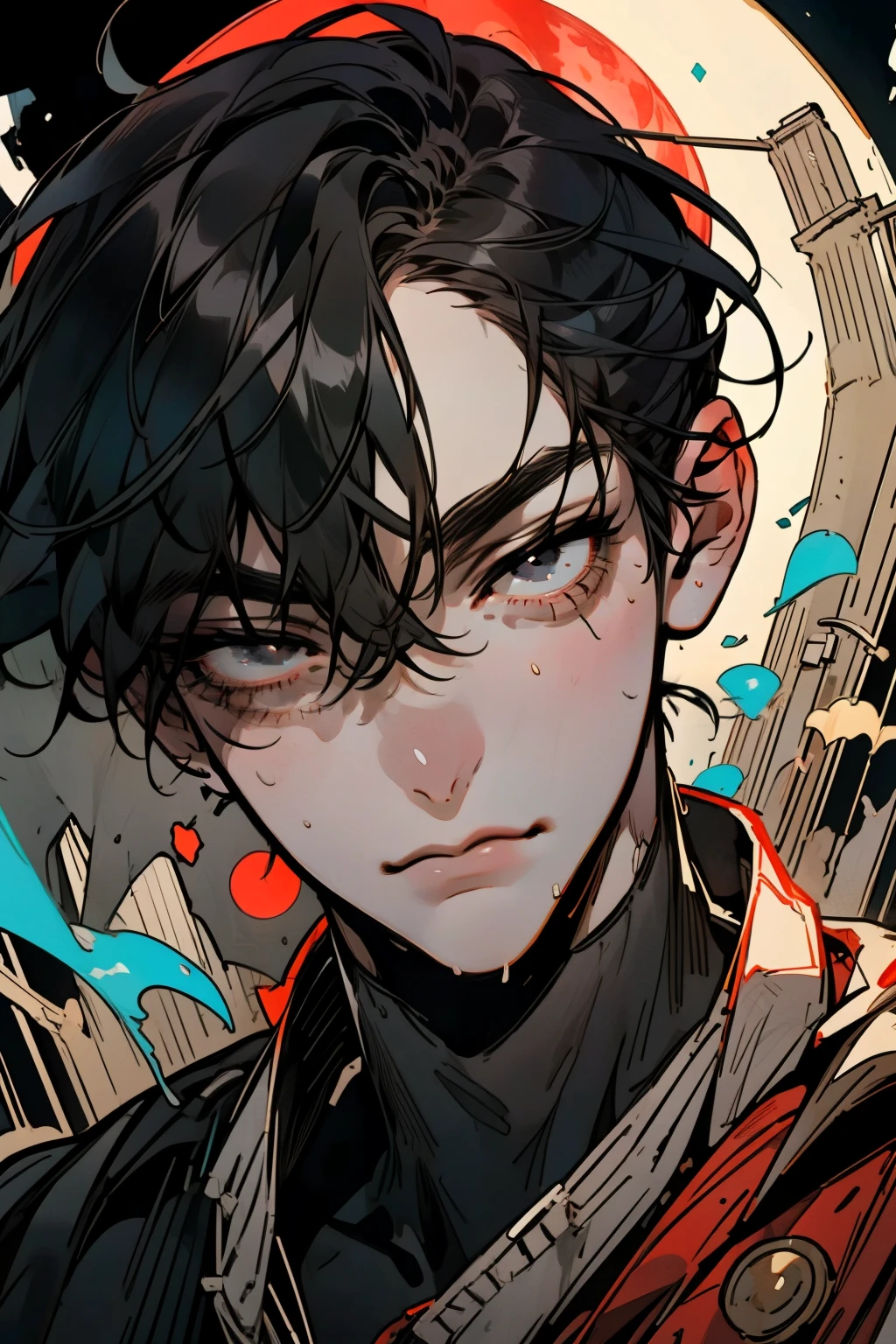 1 male, active , Lie down pose, black hair,Disheveled posture,matted hair, Glittering black eyes close-up from bottom to top, Illustration of a bowing body, dark night, on a tall building, red moon, short jumper, Long sneakers , Detailed face Clear face Clear eyes Delicate face. Clear. 4k