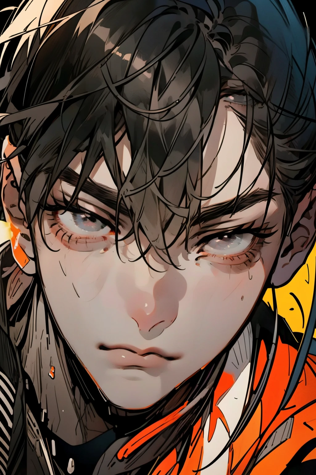 1 male, active , Lie down pose, black hair,Disheveled posture,matted hair, Shiny black eyes close-up from floor to top, Illustration of a bowing body, dark night, on a tall building, red moon, short jumper, Long sneakers , Detailed face Clear face Clear eyes Delicate face. Clear. 4k