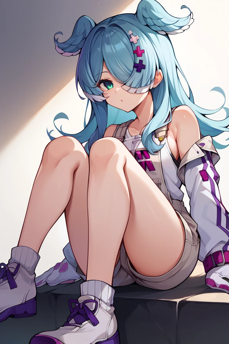 hockey girl, blue hair, blue eyes, white uniform, holding hockey tqaco, with leg skates, on an ice floor, long hair 4k, good anatomy, best quality, crisp face