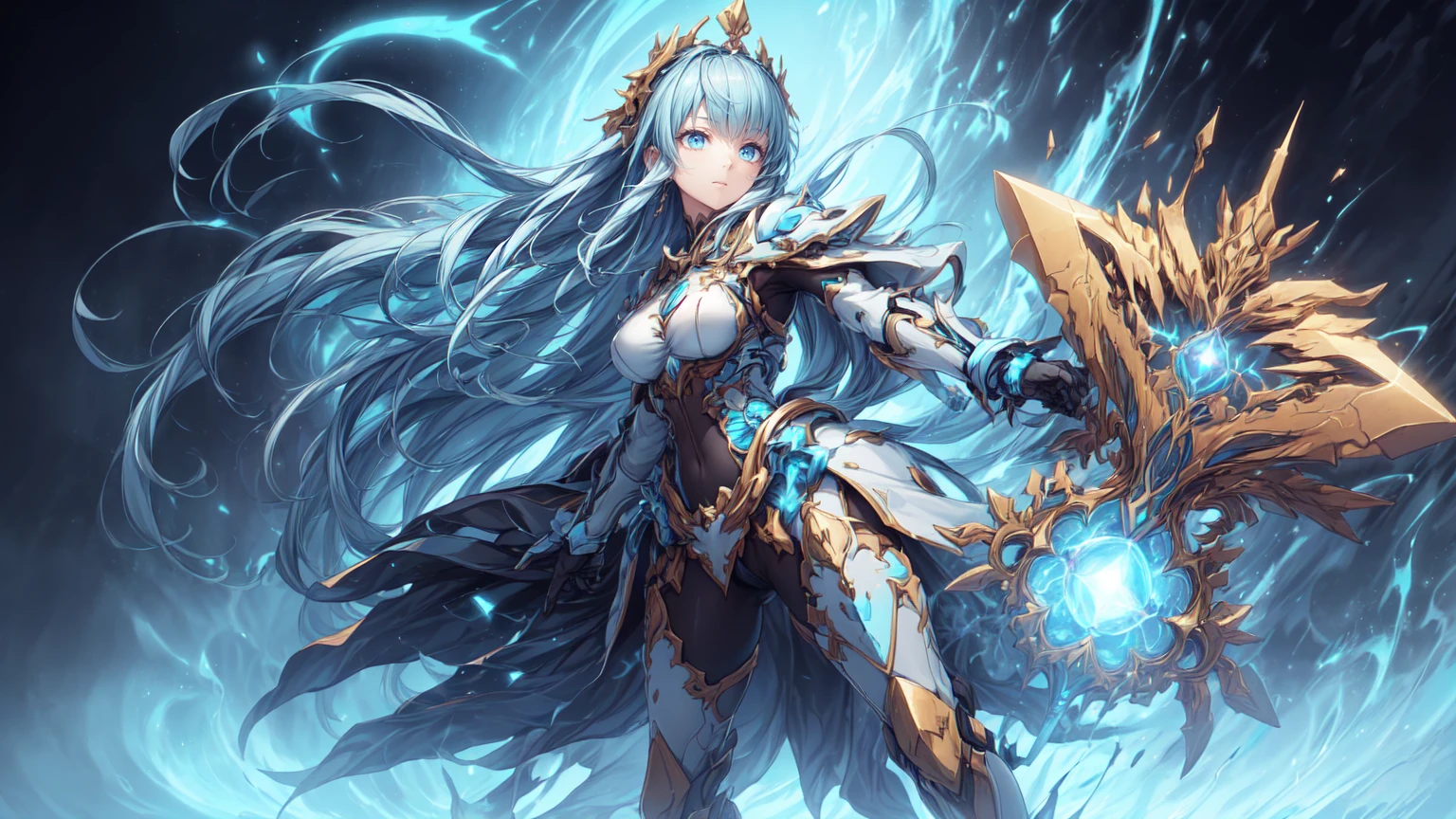 an action shot of a female fantasy game character wielding glowing blue and gold fist gauntles, wearing blue and gold armor, amazing quality, heaven in background, digital art, HD, masterpiece, best quality, hyper detailed, ultra detailed,