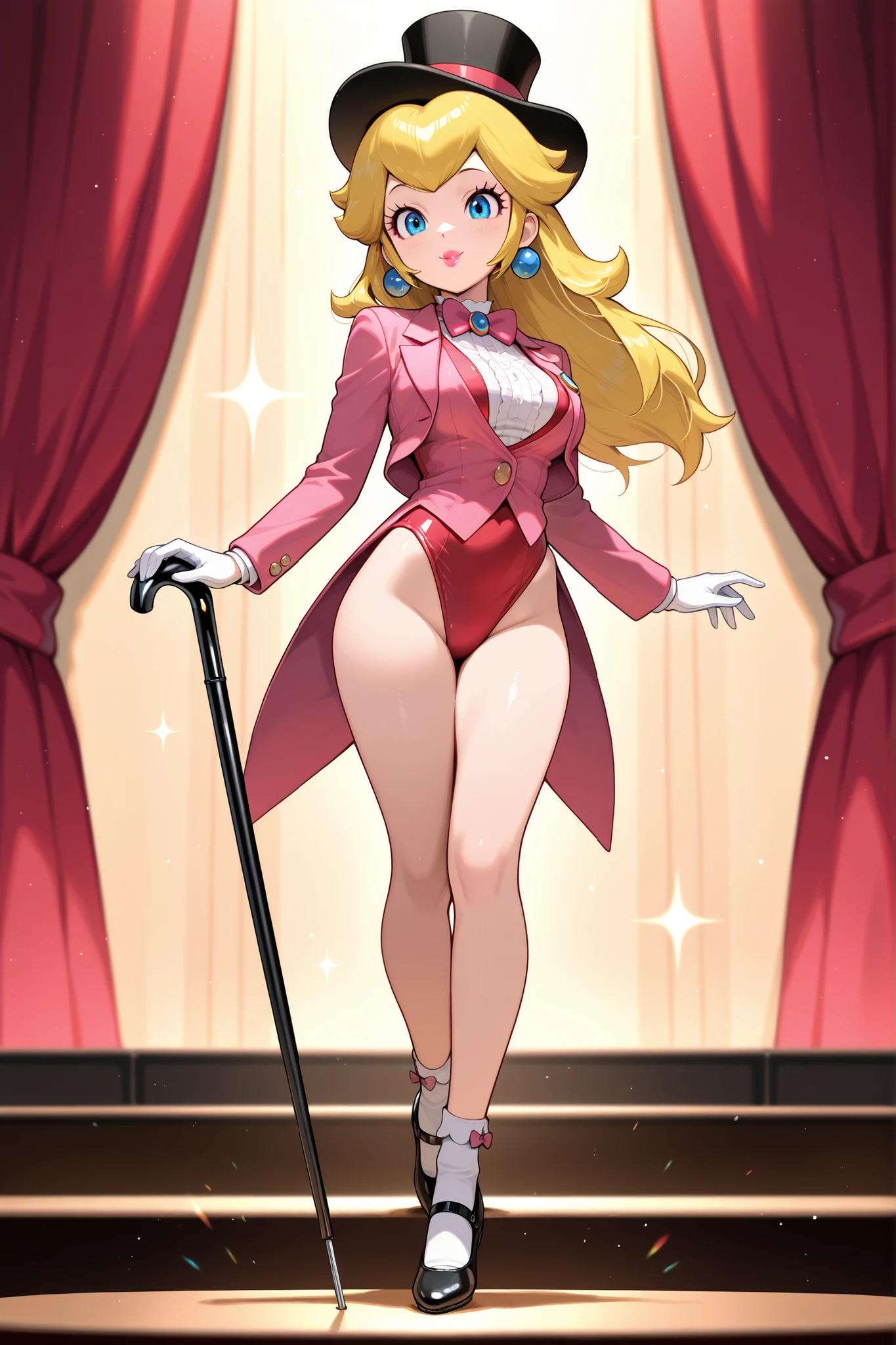 masterpiece, amazing quality, best quality, princess peach, 1girl, solo, smile, , scrunchie, blue eyes, blonde hair, hair down, breasts, tap dancing cute, wearing a pink sparkling tuxedo jacket, white undershirt, pink vest, pink bow tie, red short leotard bottoms, black with pink ring top hat, holding a black cane in the air, white gloves, black mary jane tap shoes, with small white socks, on stage, curtain background, natural beautiful makeup, red glossy lips, clicking sounds on her tap shoes, full body