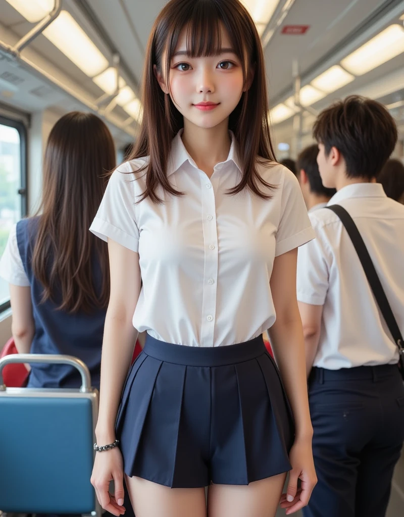 extremely detailed CG unity 8k wallpaper, best quality, ultra-detailed, masterpiece, realistic, photo realistic, extremely detailed cute girl, 20years old, (skirt lift), ((skirt lift by myself)), white panties , panties focus, blush, parted lips, looking at viewer  , half body shot , wearing frilled shirt  , crowd, crowded city,