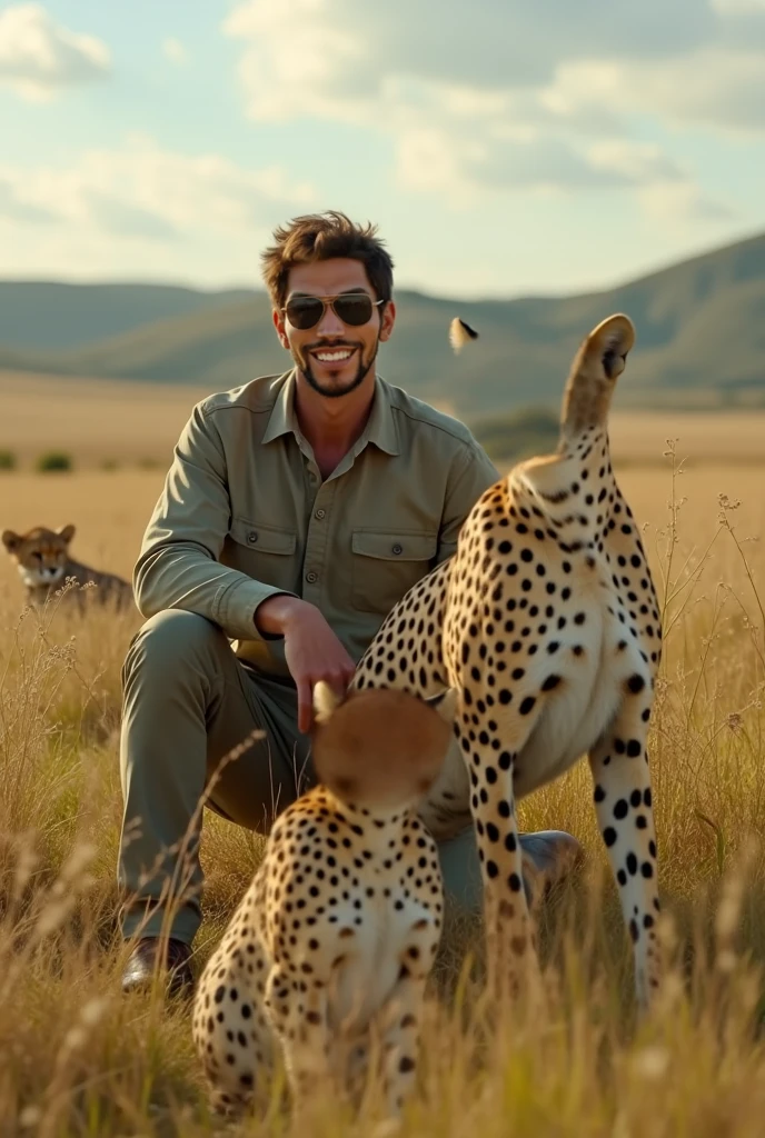 Two handsome man handsome face slim shirtless in the.desert with two leopards