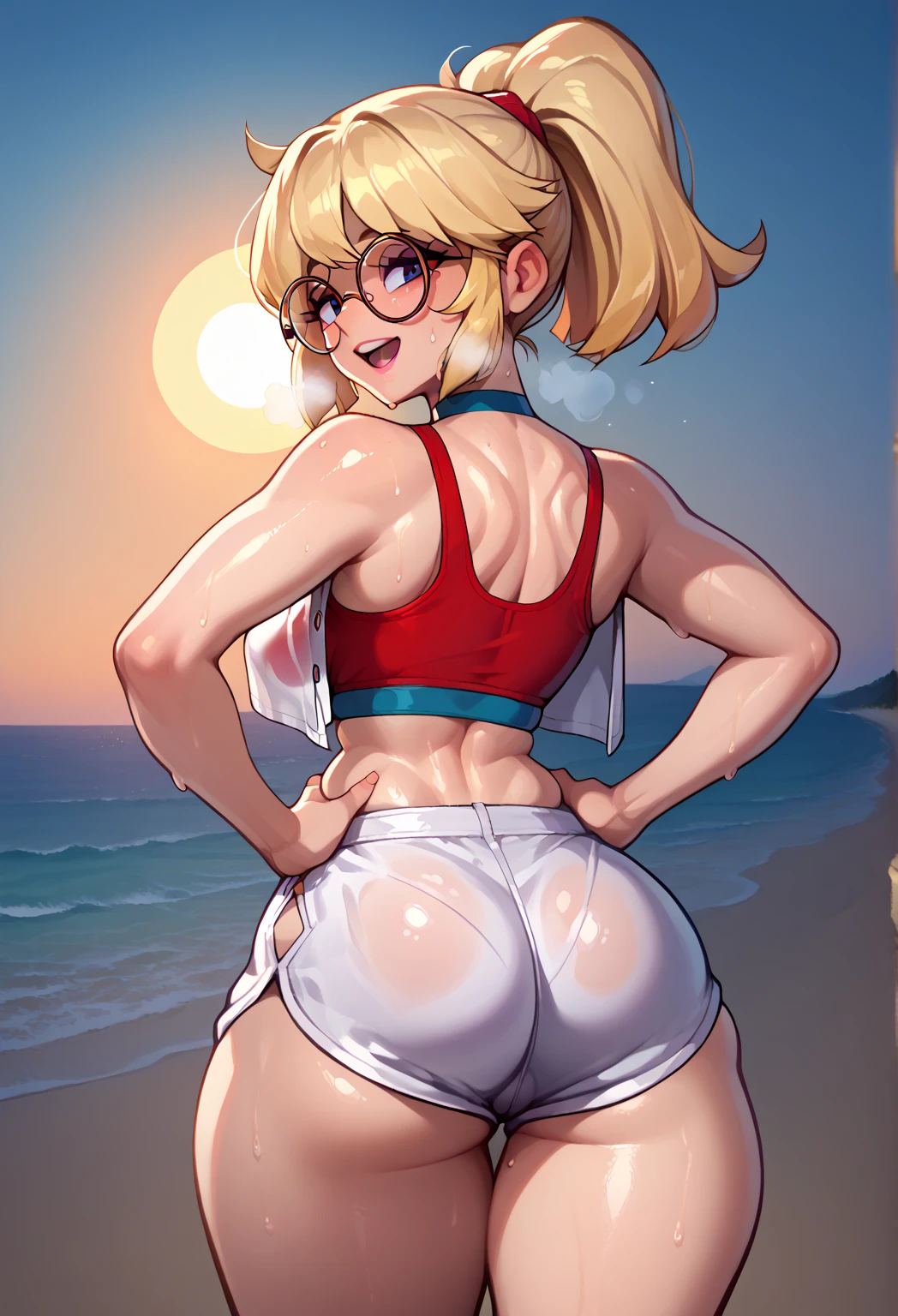 ((1 girl)),((solo)), white bikini, mature girl, mature face, massive ass, gorgeus ass, ass bigger than head, looking at viewer, seductive smile, Roll (Mega man), on the beach, bare legs, bare feets, good anathomy, blond hair, green Reebon, sea, palms, blue sky, beatfull place, Big hips, Big thigs, Big buttshicks