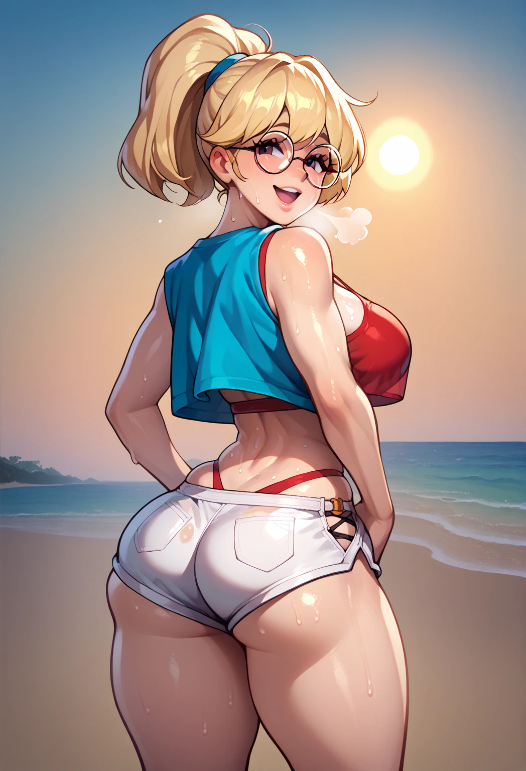 score_9,score_8_up,score_7_up,score_6_up ,source_overwatch score_9, score_8_up, score_7_up, 1woman, solo, mercy \(overwatch\), high quality, at beach, red swim bikini, red cappy, baywatch