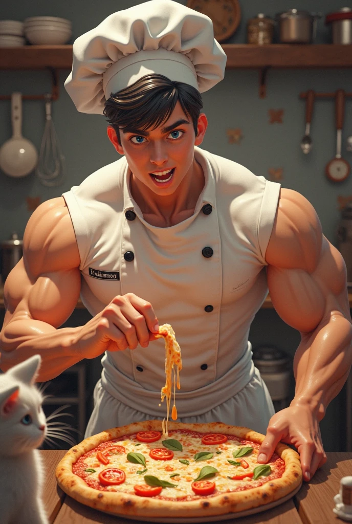 Make a picture of a muscular boy with black wavy hair where he is slathering himself in pizza, and the pizzeria is called JAMES PIZZA