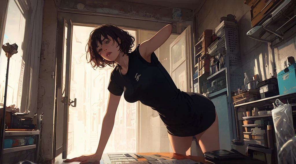 2, sleeveless, tight light khaki skirt, view from side back, skinny, upskirt, teasing, office, waist shot, light khaki hijab, pale skin, facing viewer, late night, lying on table, screaming, light pink underwear, hand on head, upskirt, capelli corti ricci neri, sexy lingerie , uomo travesta